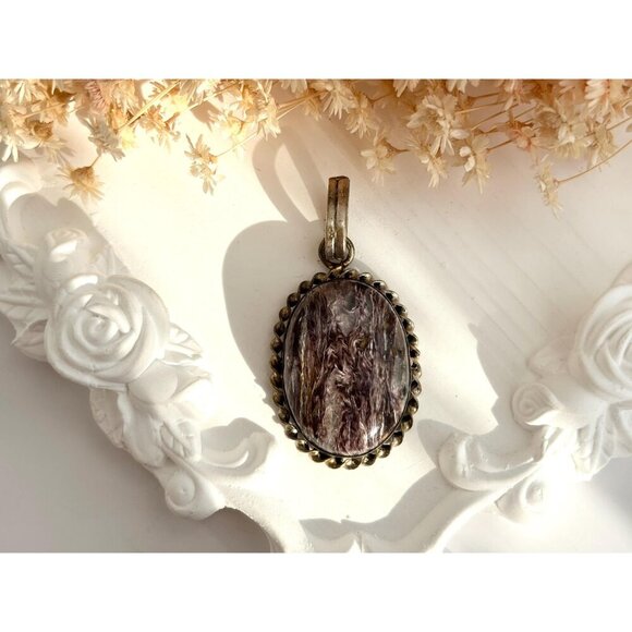 Dark Charoite Gemstone Rope Framed Bezel Set Sterling Silver 925 Vintage Pendant - Picture 10 of 10